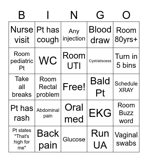 Camas Urgent Care Bingo Card