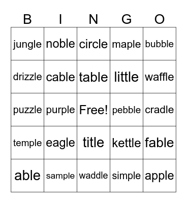 Consonant-le Bingo Card