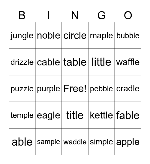 Consonant-le Bingo Card