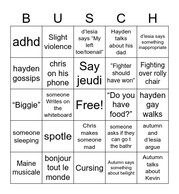 Madame Busch class bingo Card