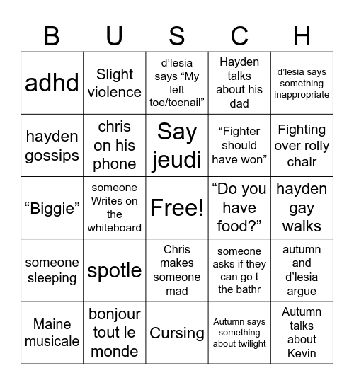Madame Busch class bingo Card