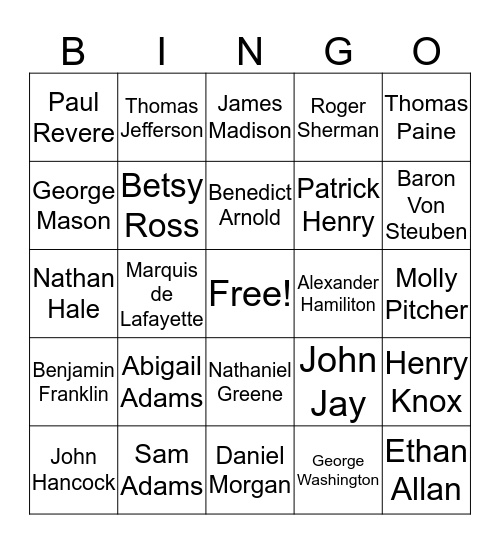 American Revolution People! Bingo Card