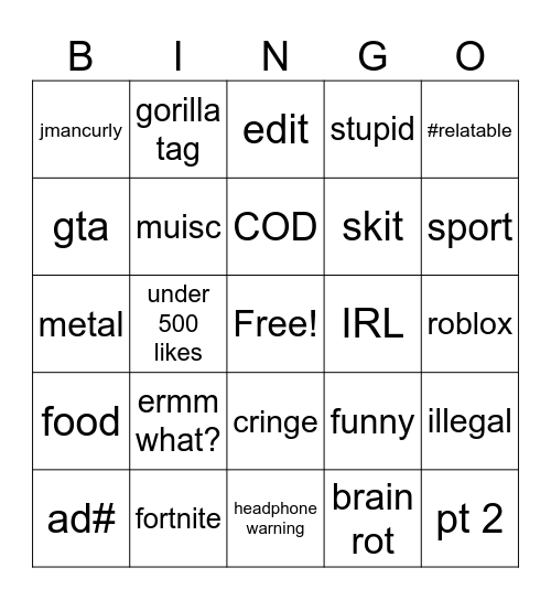YT short bingo Card