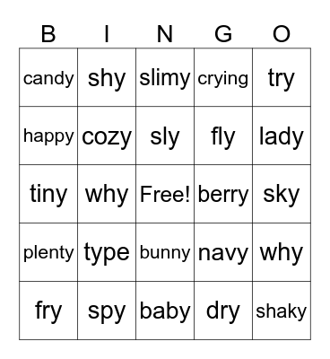 "Y" as a Vowel (Long e, Long i) Bingo Card