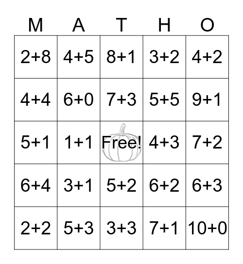MATHO - Addition 0-10 Bingo Card