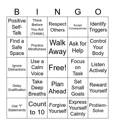 THINK/Self Control Bingo Card