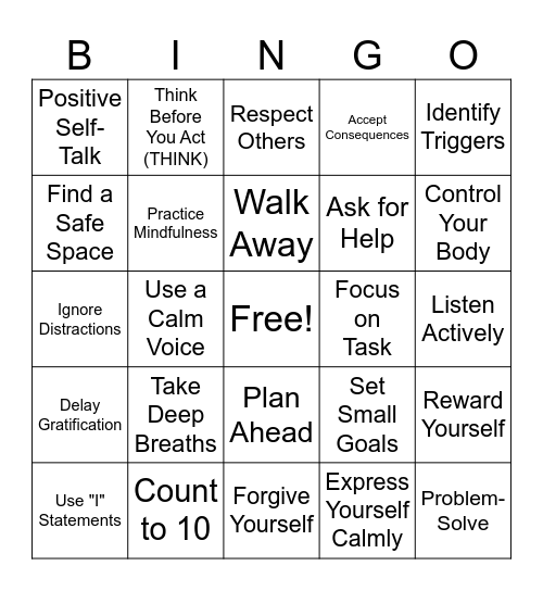 THINK/Self Control Bingo Card