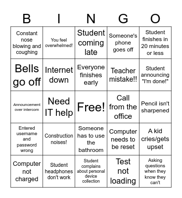 State Testing Bingo Card