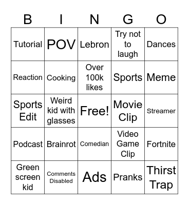 YouTube Shorts Bingo Card