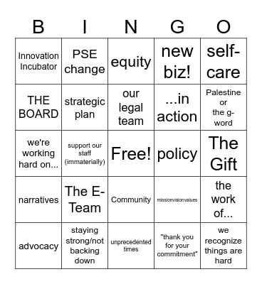 Words In Action Bingo Card