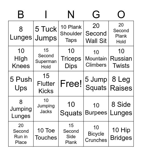 Fitness Bingo Card