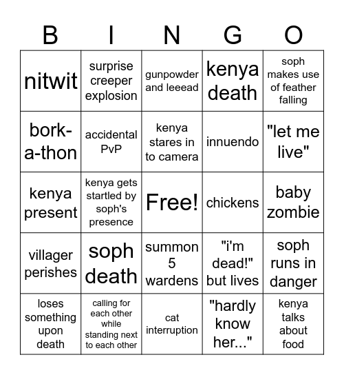 Soph & Kenya Play Minecwaft Day 2 Bingo Card