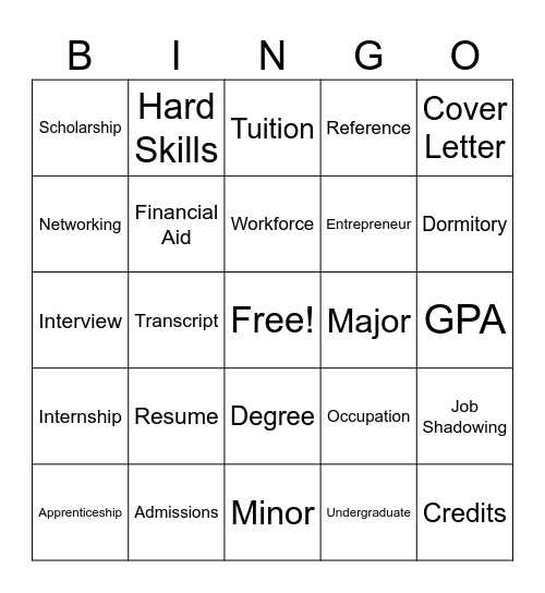 College and Career Bingo Card