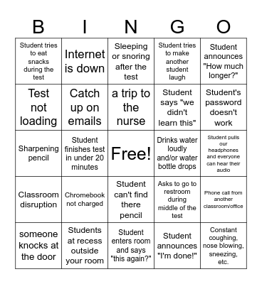 State Testing Bingo Card