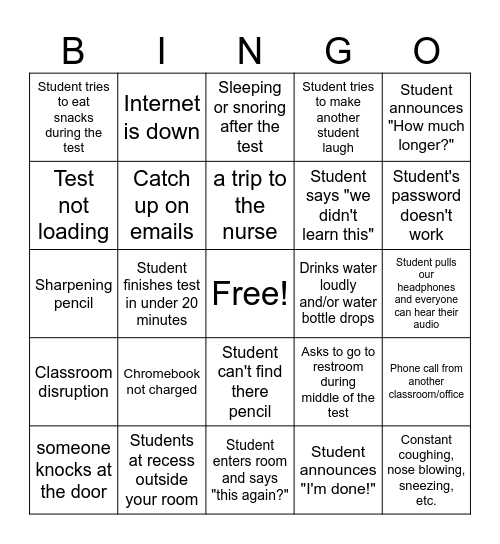 State Testing Bingo Card