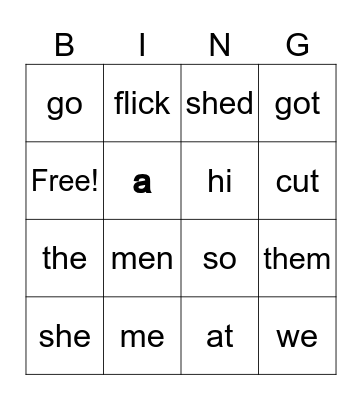 Open and Closed Syllables Bingo Card