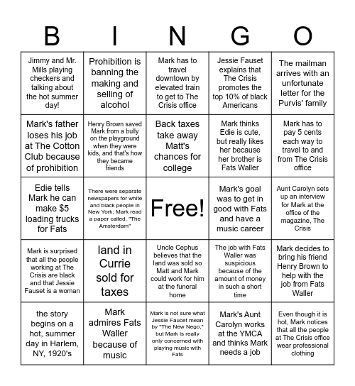 Harlem Summer Chapter 1 and 2 Bingo Card