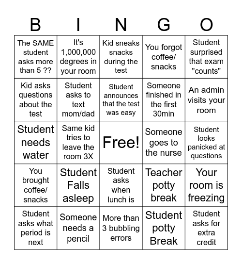 Exam Proctoring Bingo Card