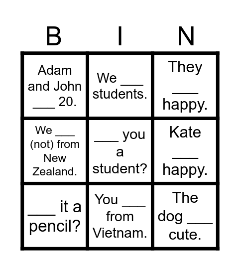 am is are Bingo Card
