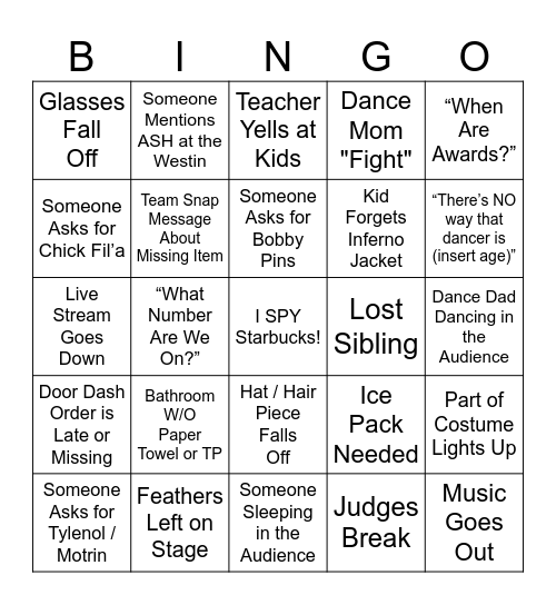 Dance Comp BINGO! Bingo Card
