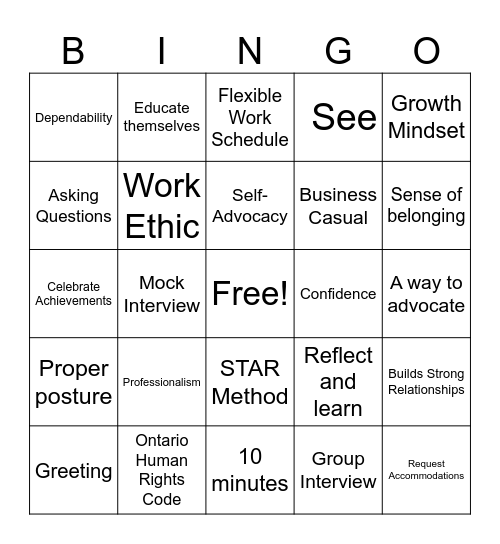 Employment Skills Review Bingo Card