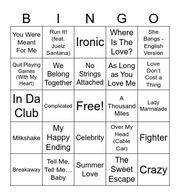 2000s Pop Music Bingo Round 1 Bingo Card