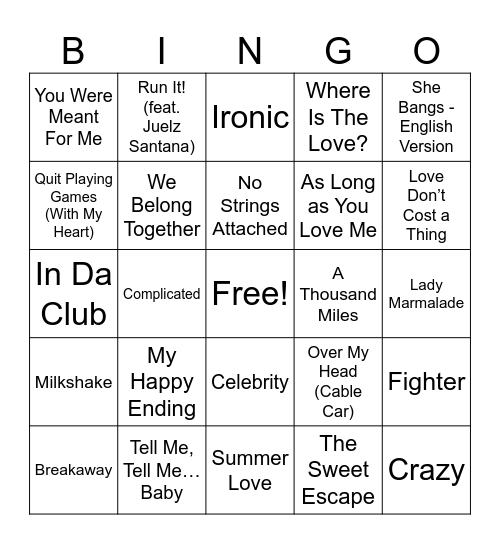 2000s Pop Music Bingo Round 1 Bingo Card