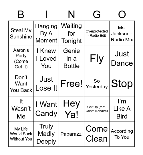 2000s Pop Music Bingo Round 2 Bingo Card