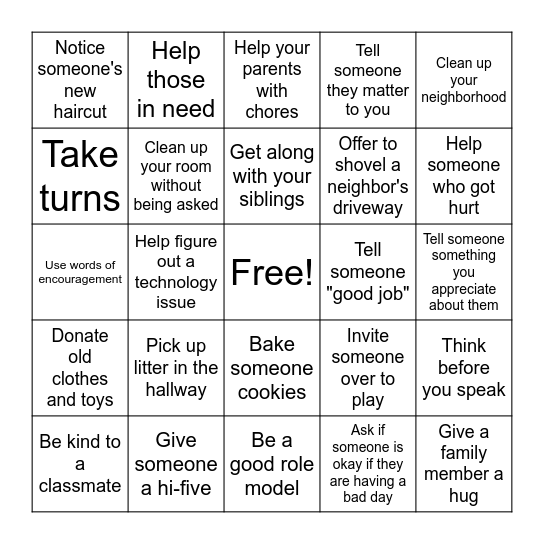 Kindness Bingo Card