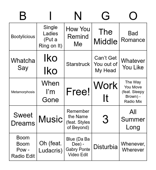 2000s Pop Music Bingo Round 3 Bingo Card