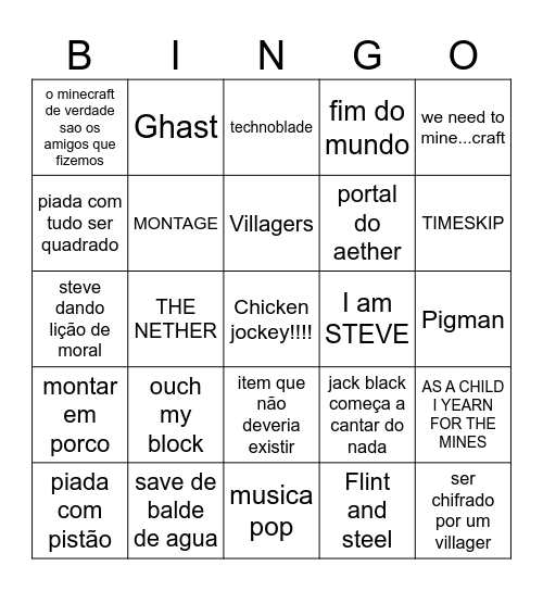 Minecraft movie Bingo Card