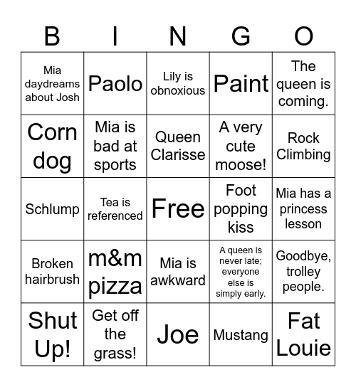 Princess Diaries Bingo Card