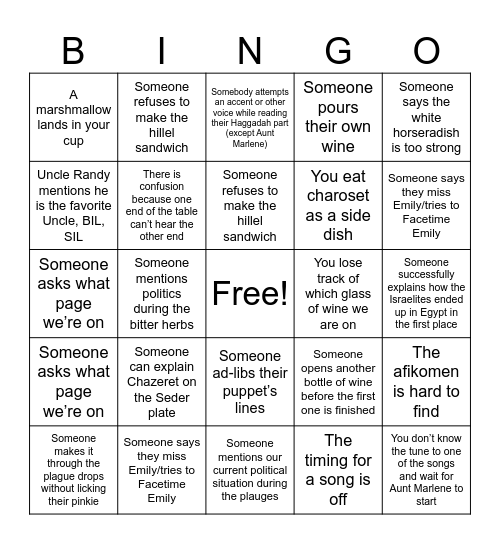 Pesach 5785 Bingo Card