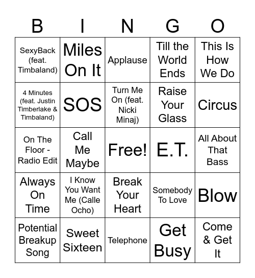2000s Pop Music Bingo Round 4 Bingo Card