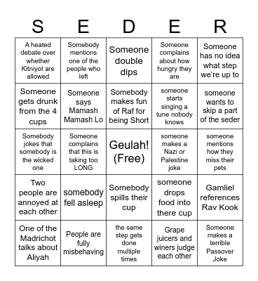 Kadima Pesach Seder Bingo Card