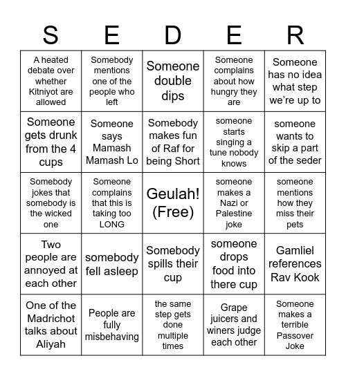 Kadima Pesach Seder Bingo Card