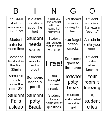 Exam Proctoring Bingo Card