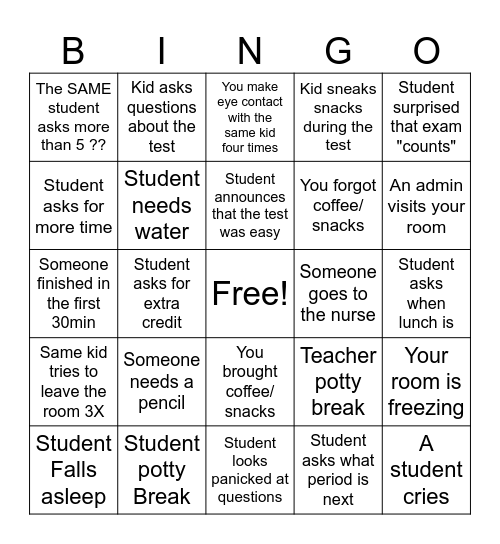 Exam Proctoring Bingo Card