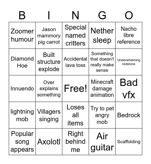 minecraft steve movie Bingo Card