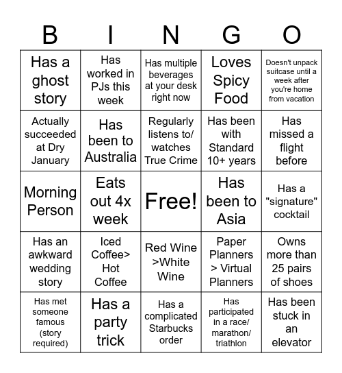 PERSONALITY BINGO Card