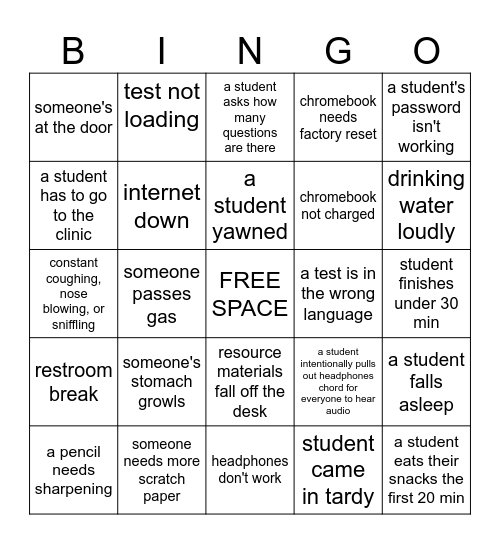 STAAR Disruptions Bingo Card