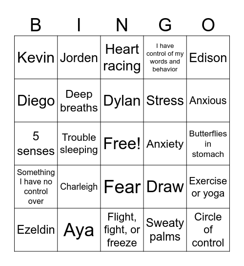Anxiety Bingo Card