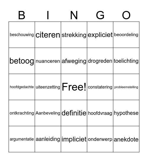 Veel voorkomende woorden in examns Bingo Card