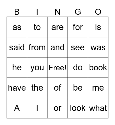 Heart Words Bingo Card