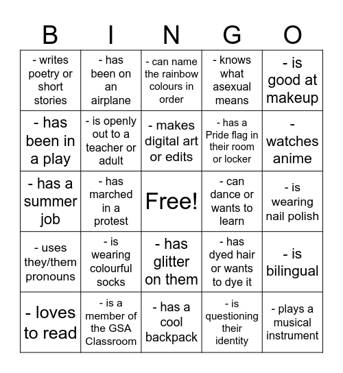 GSA Bingo Card