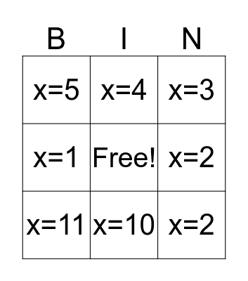 Maths Bingo Card