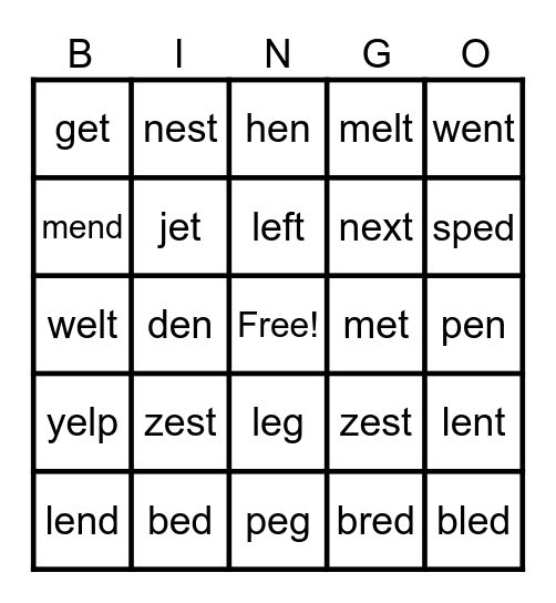 Short e Advanced (Lesson 40B) Bingo Card
