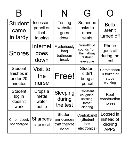 STATE TESTING BINGO Card