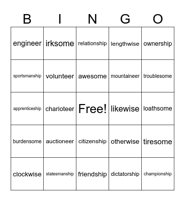 Word Work Bingo Card