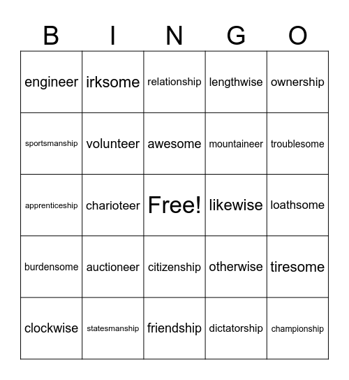 Word Work Bingo Card